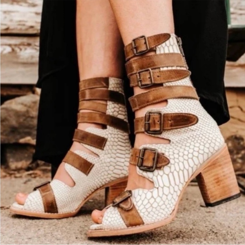 FREEBIRD By Steven Bond Embossed Wood Leather Buckle Open Toe Heels